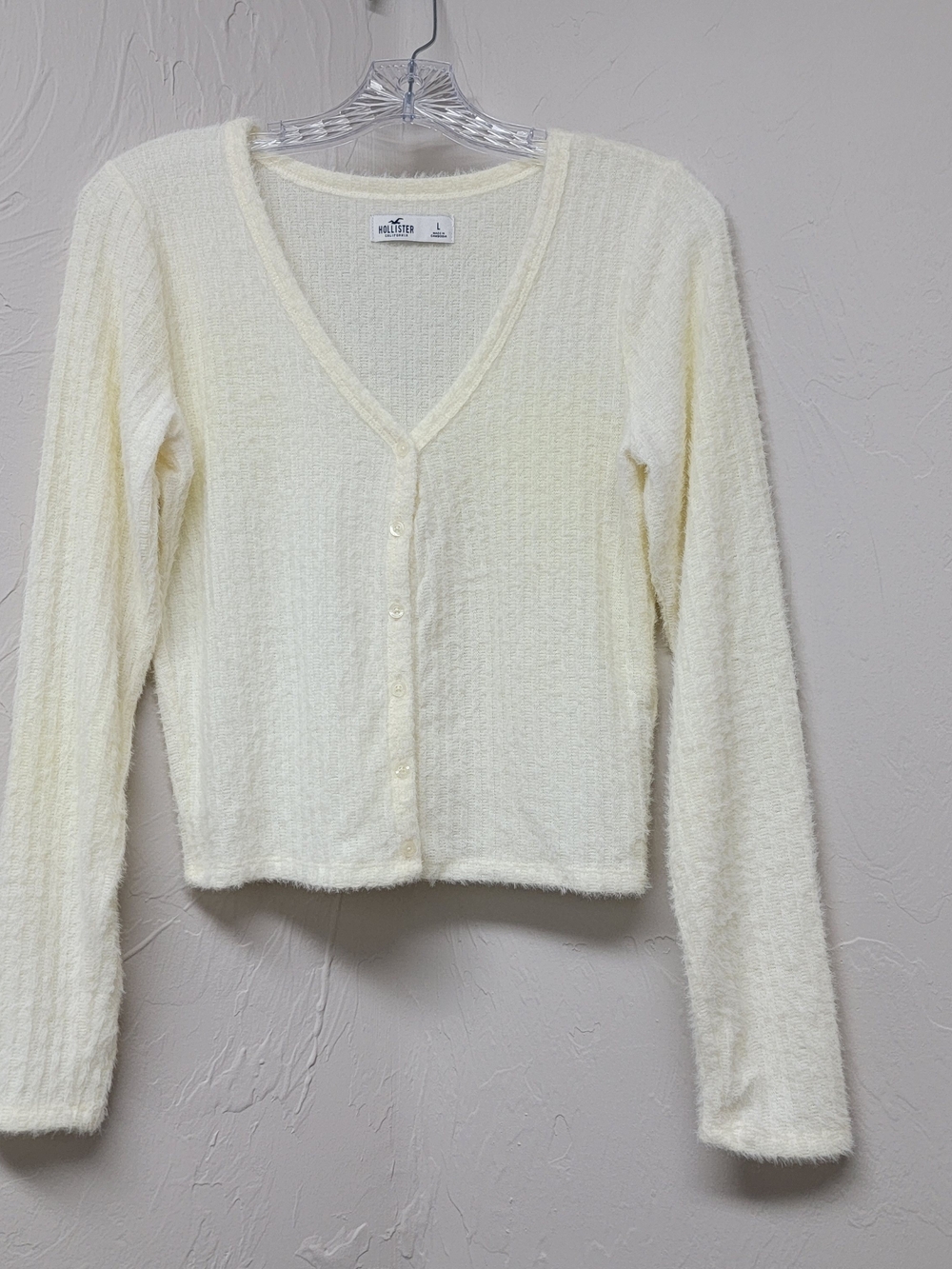 Hollister Womens Ivory Fuzzy Crop Cardigan Button Front Holiday Preppy V-Neck LG